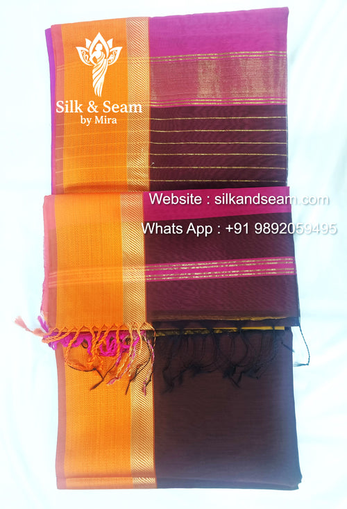 Maheshwari Silk Cotton Saree - Coffee Brown with Orange and Pink Ganga Jamuna Border
