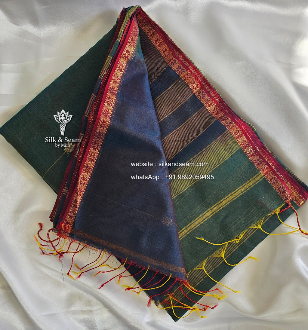 Maheshwari Silk Saree - Blue-Green Dual Shaded with Chameli Star Buti and Red Resham Border