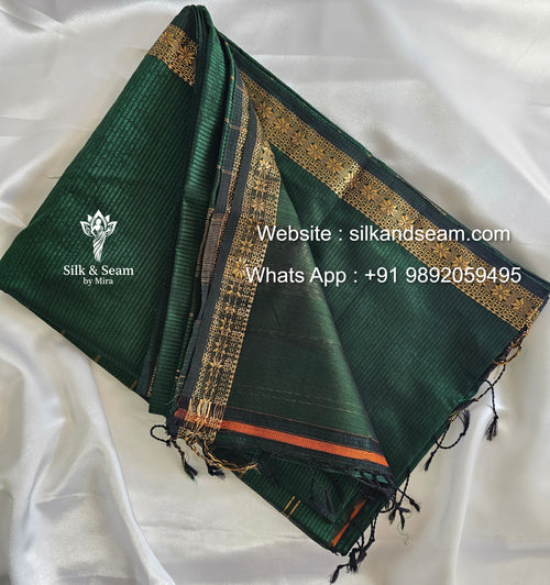 Maheshwari Pure Garbha Reshmi Saree - Deep Green with Zari Flower Butta Border and Zari Pallu