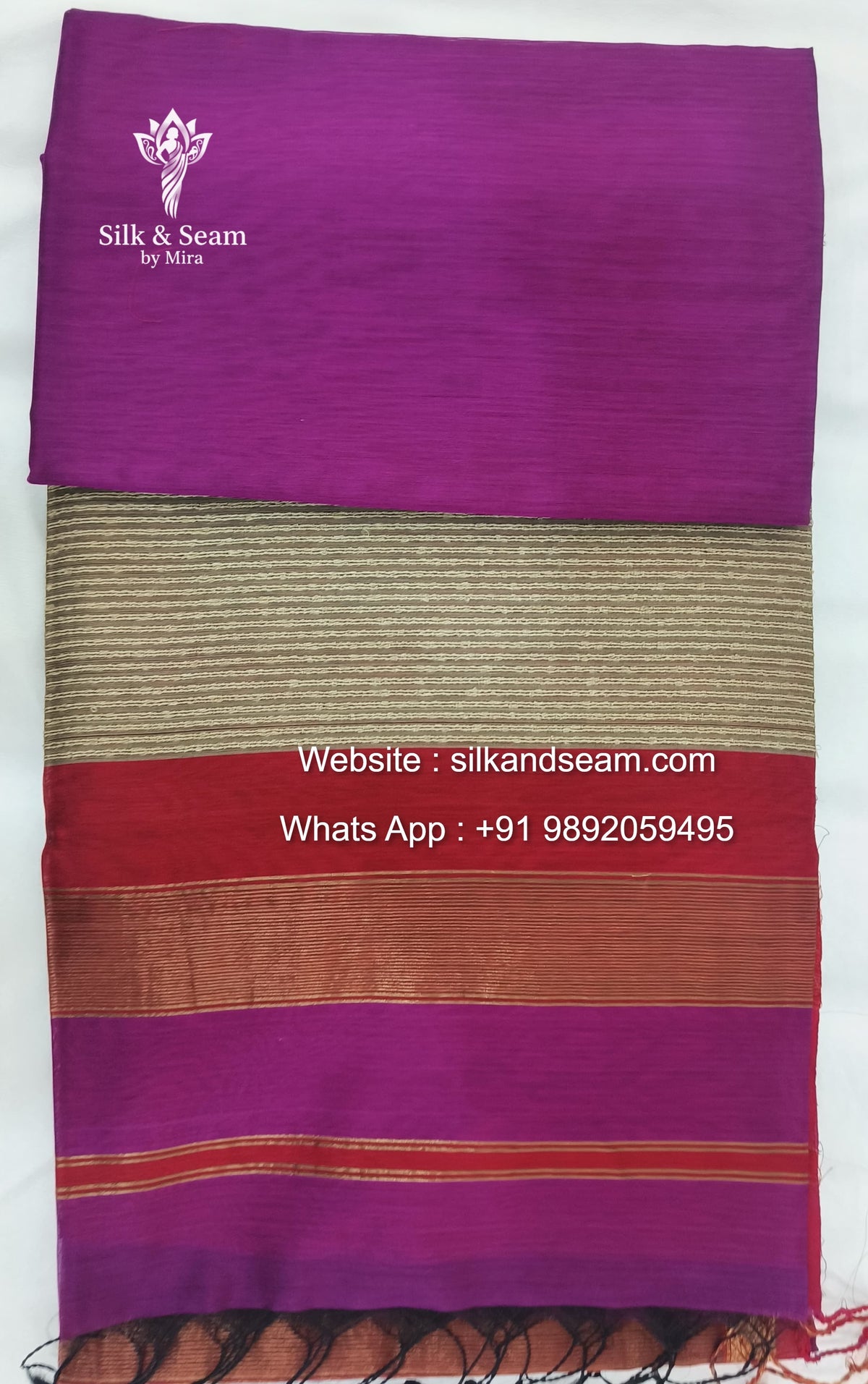 Maheshwari Silk Saree - Purple with Red Border, Jute Pallu and Contrast Red Blouse