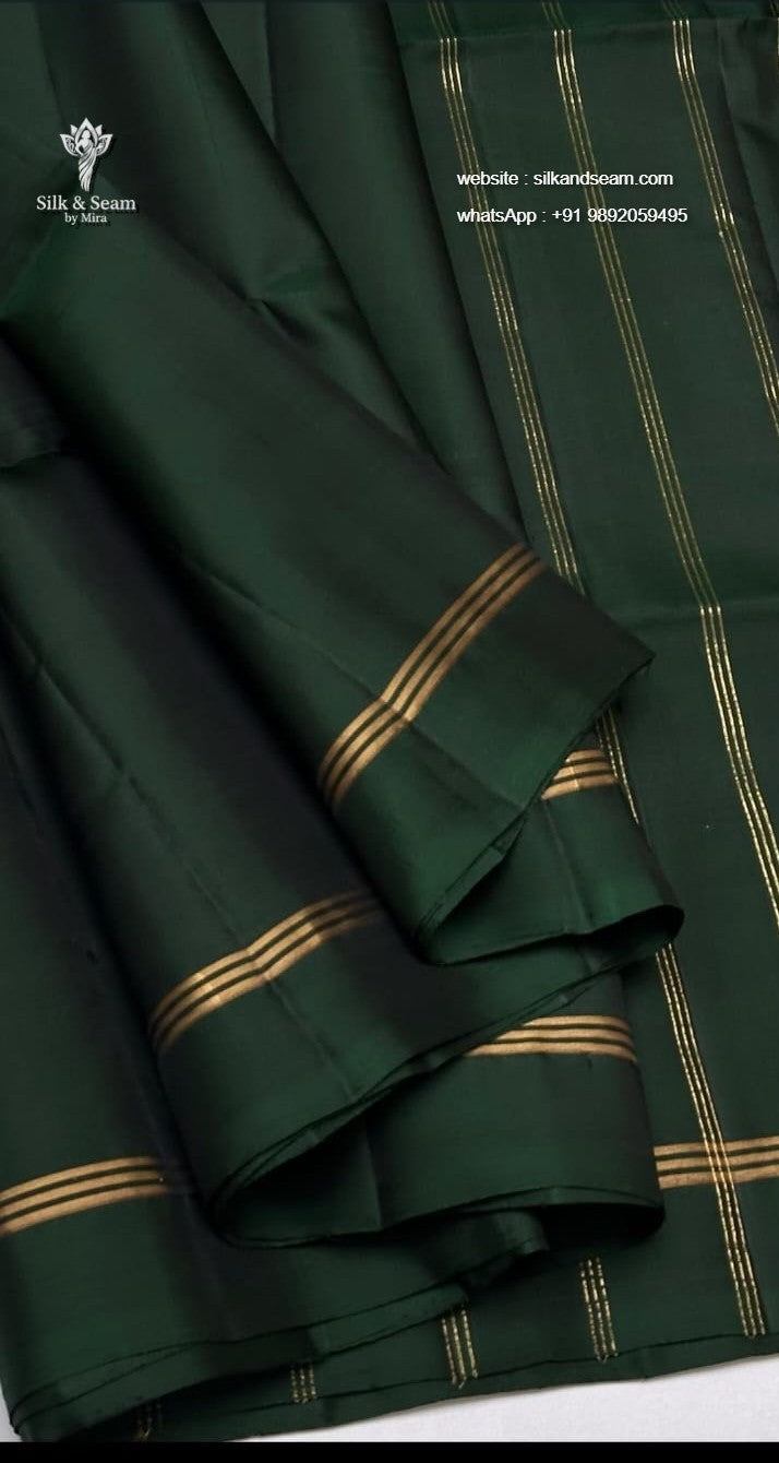 Pure Silk Saree - Dark Green with Triple Close Zari Lines Border & Running Blouse