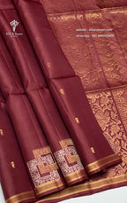 Pure Silk Saree - Chestnut Brown with Golden Butta, Golden & Silver Overlapped Squares Border & Full Zari Pallu