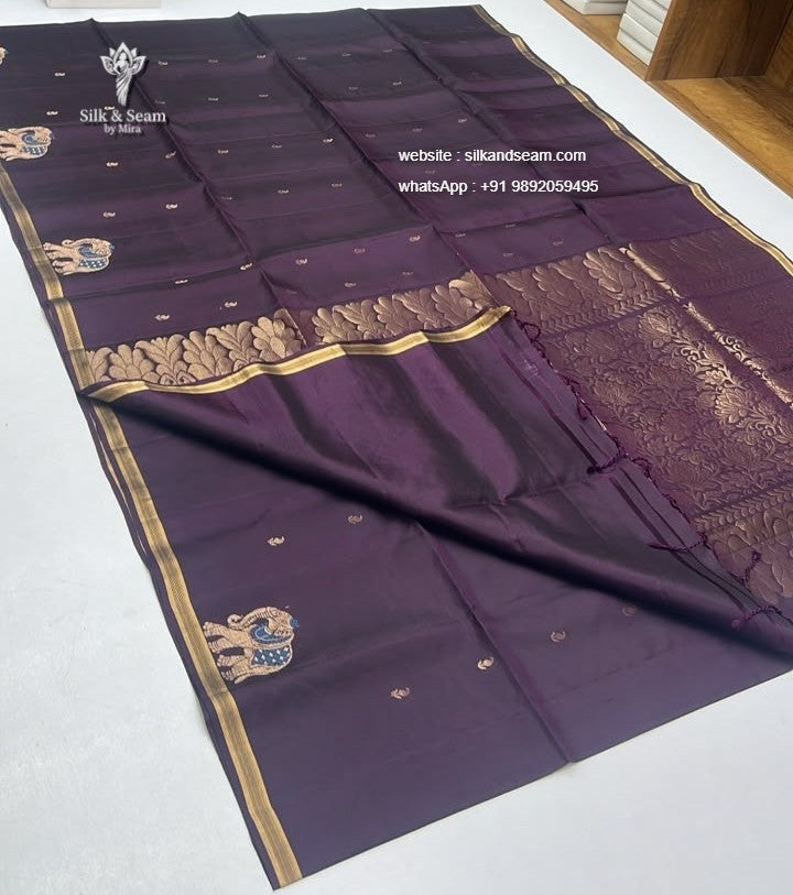 Pure Silk Saree - Dark Violet with Golden Butta, Elephant Zari Border & Full Zari Pallu