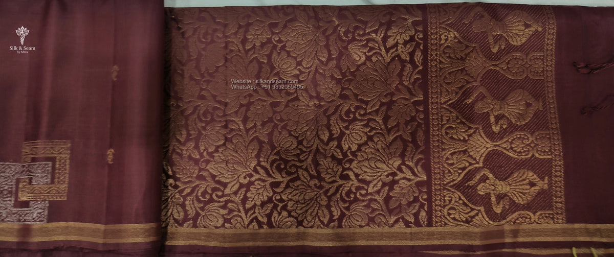 Pure Silk Saree - Chestnut Brown with Golden Butta, Golden & Silver Overlapped Squares Border & Full Zari Pallu