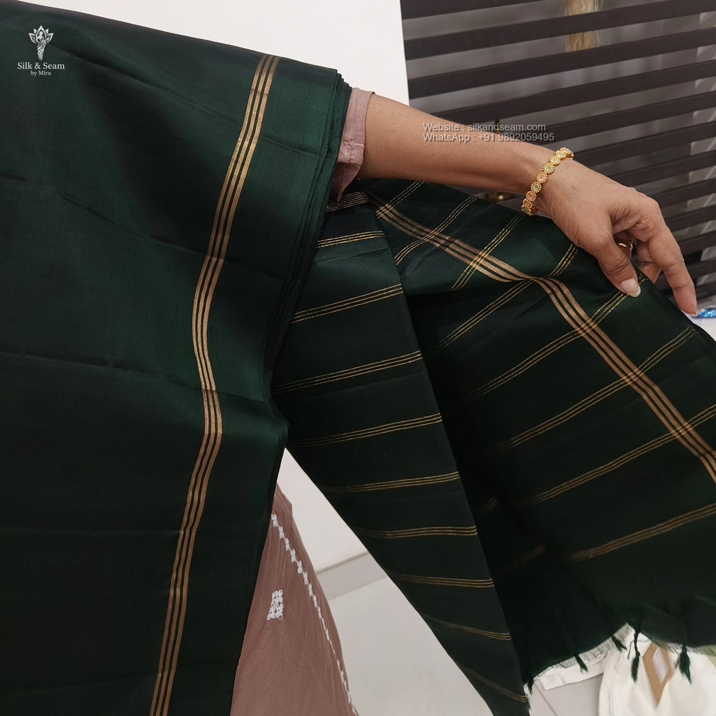 Pure Silk Saree - Dark Green with Triple Close Zari Lines Border & Running Blouse
