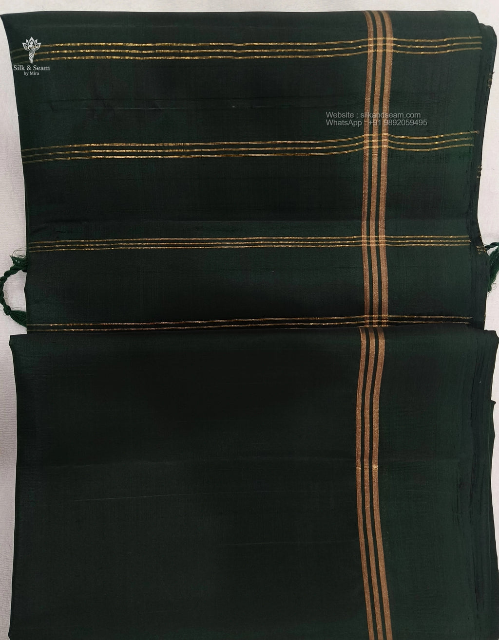 Pure Silk Saree - Dark Green with Triple Close Zari Lines Border & Running Blouse