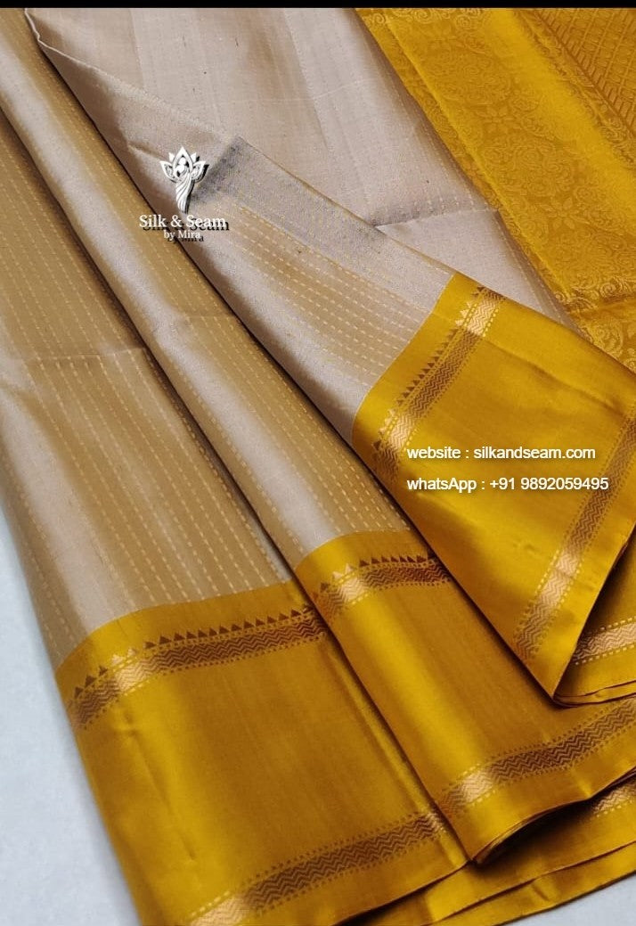 Pure Handloom Double Warp Soft Silk Saree - Beige with Yellow Gap Border & Kantha Stitch Weaving