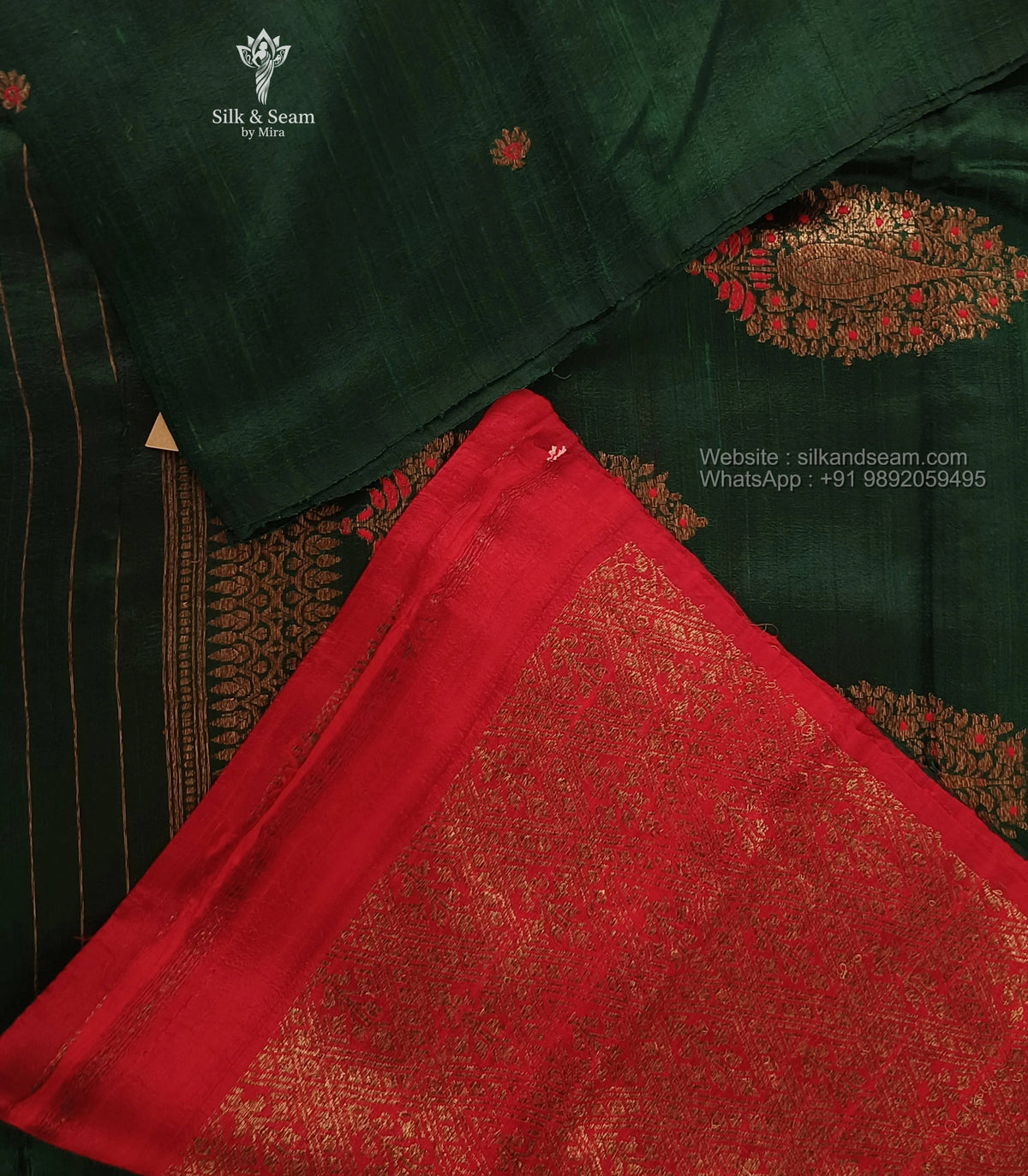 Pure Raw Silk Banarasi Saree - Dark Green with Red Paisley Butta
