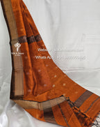 Maheshwari Silk Saree - Rust Orange with Zari Flower Buttas, Brown Lehariya Border and Flower Butta Pallu
