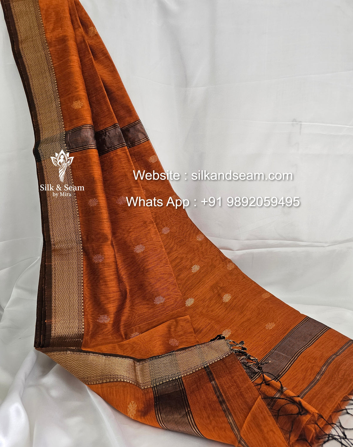 Maheshwari Silk Saree - Rust Orange with Zari Flower Buttas, Brown Lehariya Border and Flower Butta Pallu